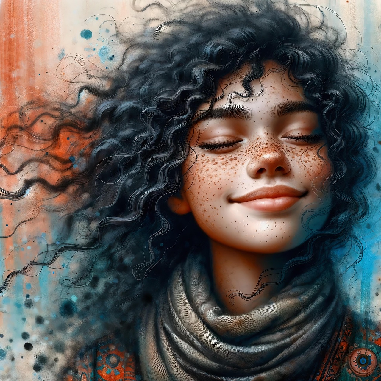 Digital portrait of a smiling freckled woman with curly dark hair and a scarf