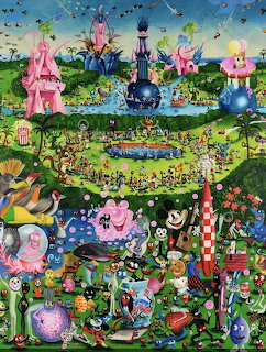 Colorful fantasy garden with pink castles, hot air balloons, flowers, and whimsical characters in vibrant surreal landscape