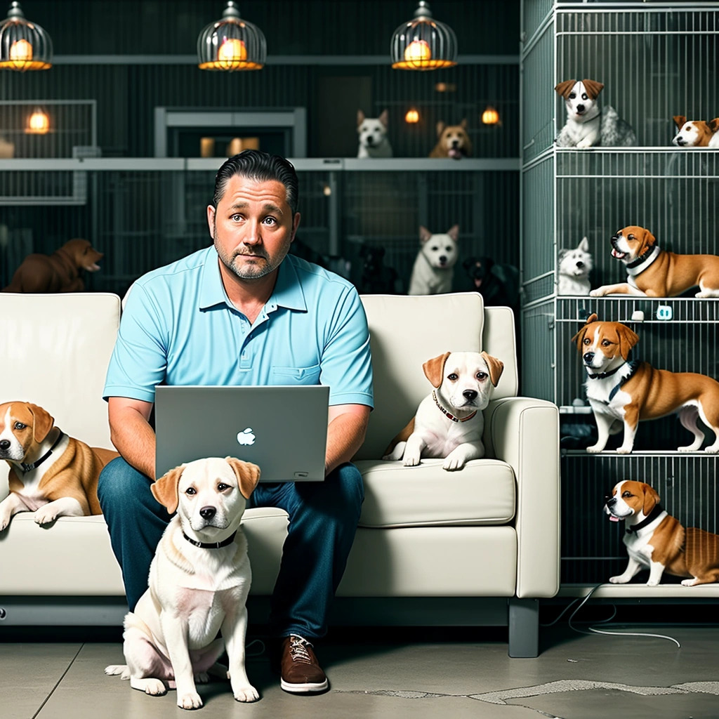 Man sitting on a sofa with a laptop surrounded by several dogs indoors
