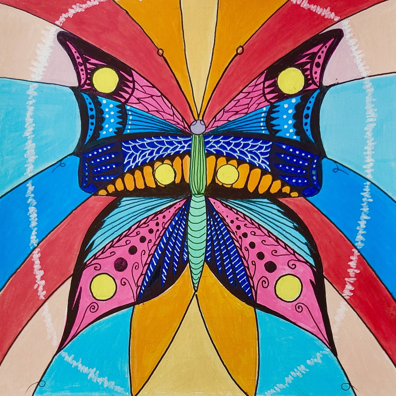 Symmetrical butterfly mandala with vibrant pink, blue, yellow and orange wings on radiating striped background