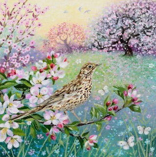 Painting of a brown bird on a flowering branch in a spring meadow with blooming trees