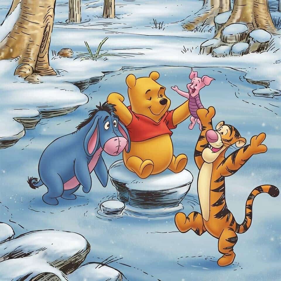 Winnie the Pooh and friends on icy stones in winter forest