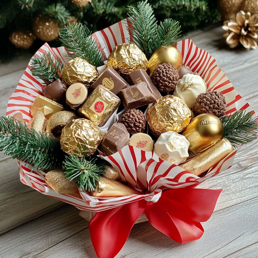 Festive chocolate gift basket with holiday decorations, pine branches, and red striped wrapping on wooden surface