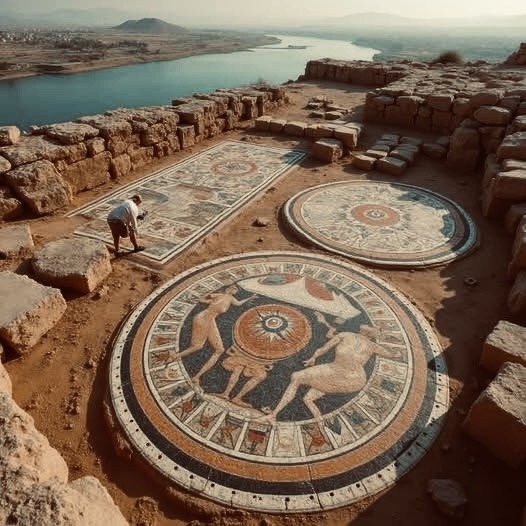 Two large circular ancient Greek mosaics in archaeological ruins overlooking blue water and mountains