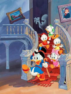 Cartoon duck family portrait in mansion with stairs and columns