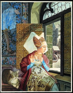 Medieval queen in elaborate dress embroidering by window with white cat and ornate tapestries