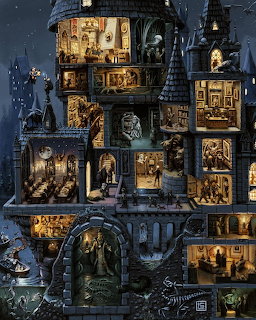 Cross-section of ornate castle showing multiple illuminated rooms across several floors with towers and arches