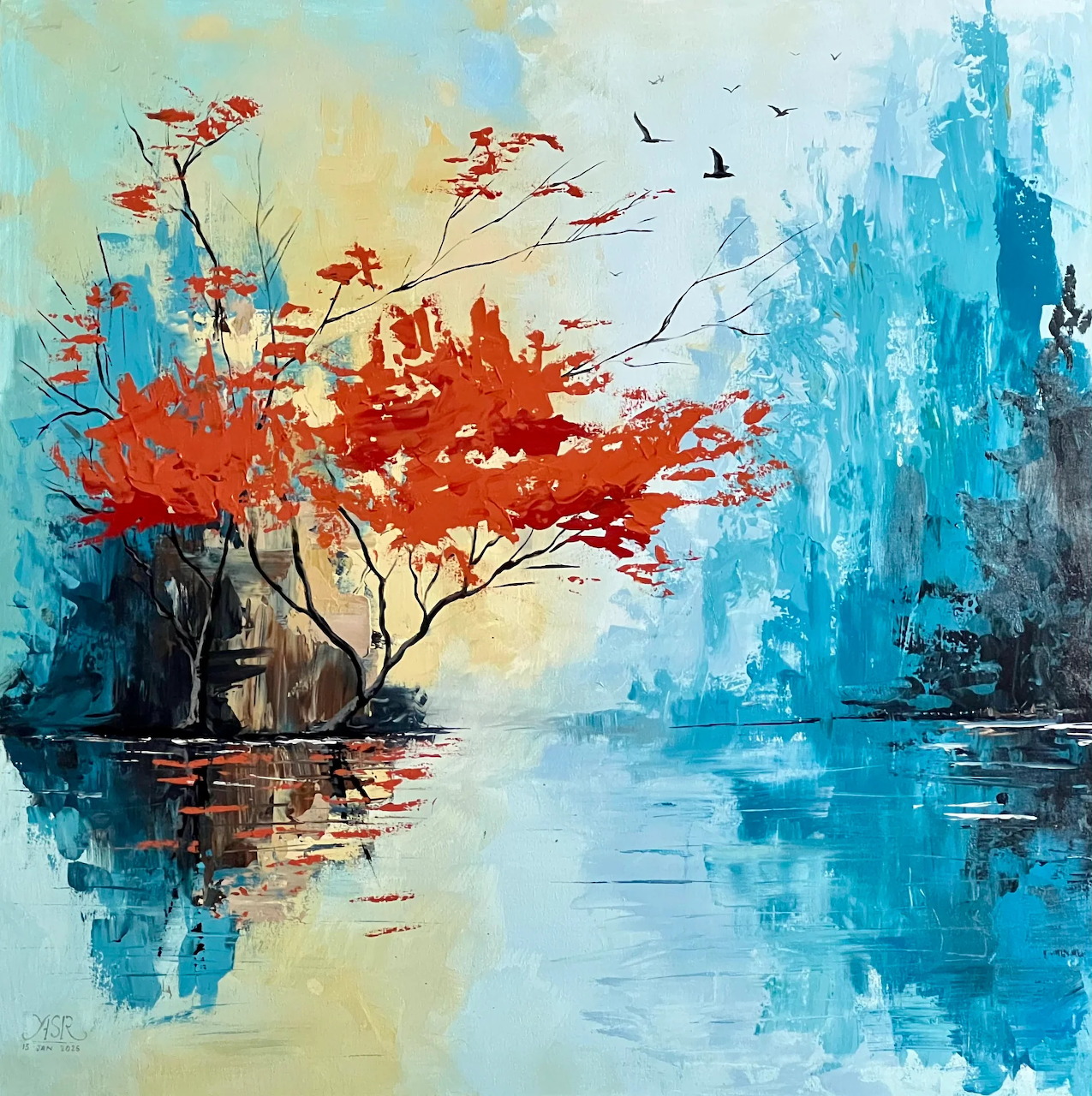 Abstract painting of red trees by a reflective lake with blue textured background and birds