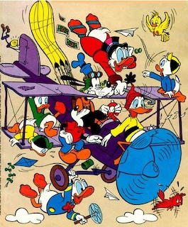 Mickey Mouse, Donald Duck, Scrooge McDuck, Goofy and nephews riding a biplane in a classic Disney cartoon illustration.