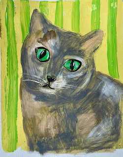 Painting of gray cat with large turquoise eyes on striped green and yellow background