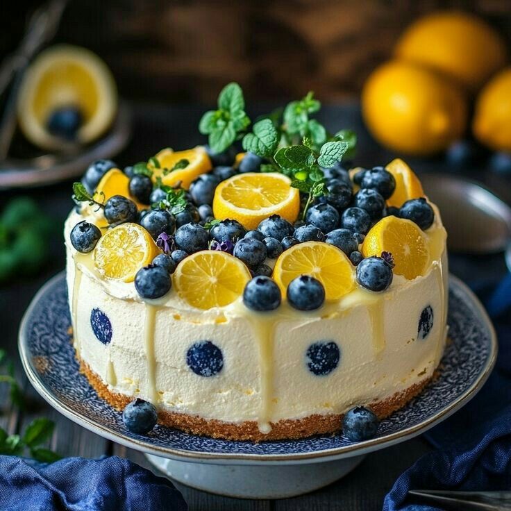 Lemon blueberry cheesecake topped with fresh blueberries, lemon slices, and mint leaves on a dark plate