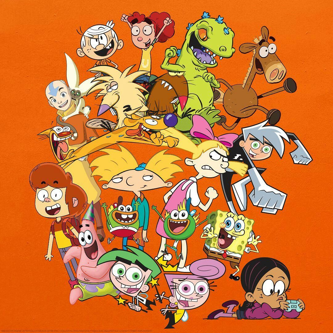 Colorful collage of Nickelodeon-style cartoon characters on a bright orange background