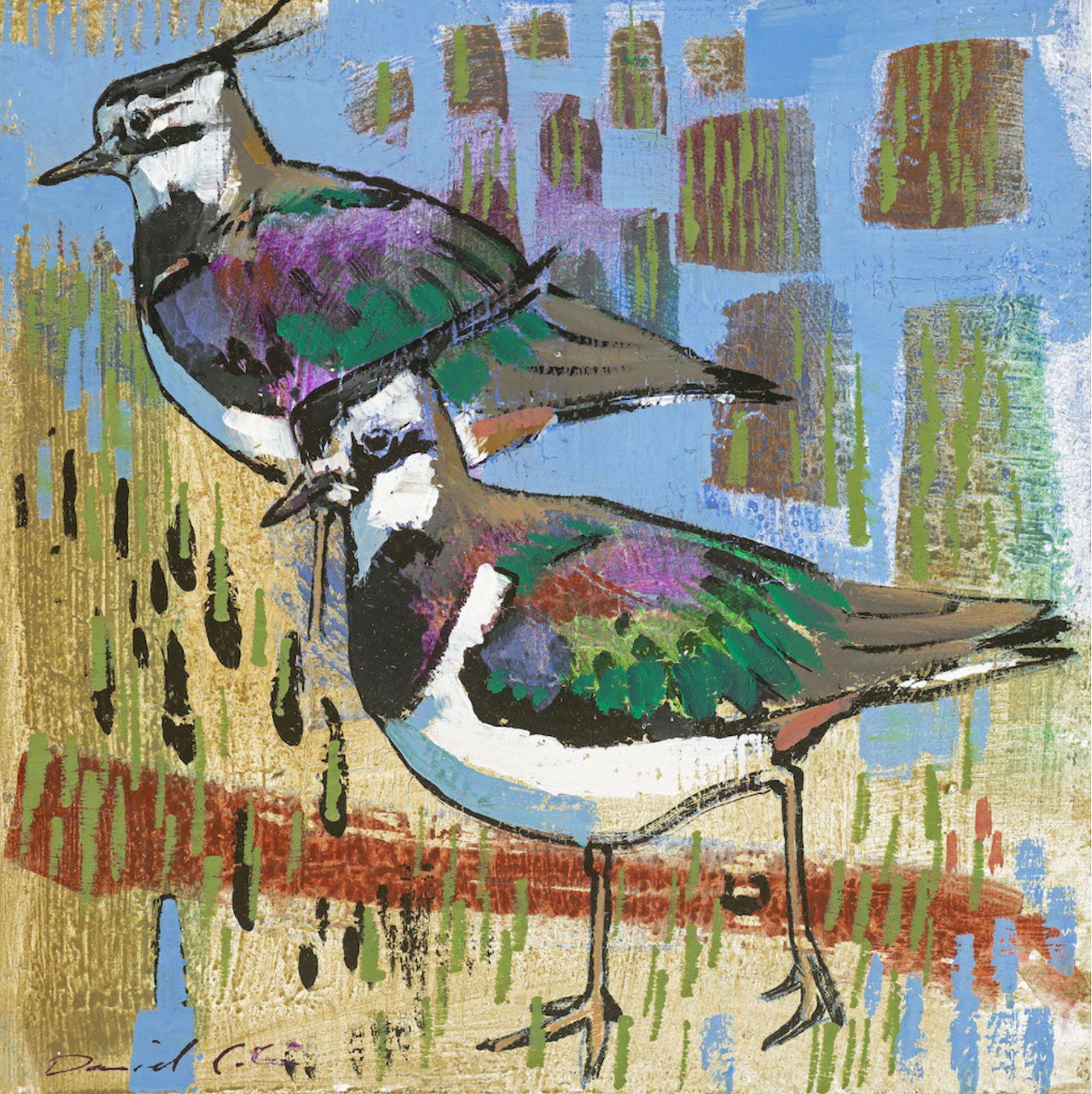 Painting of two lapwing birds with green and purple plumage in a stylized landscape