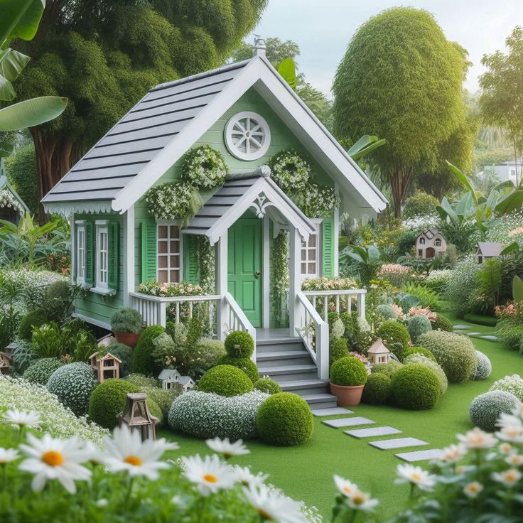 Small green cottage with white trim surrounded by topiary shrubs, flowers, and a garden path