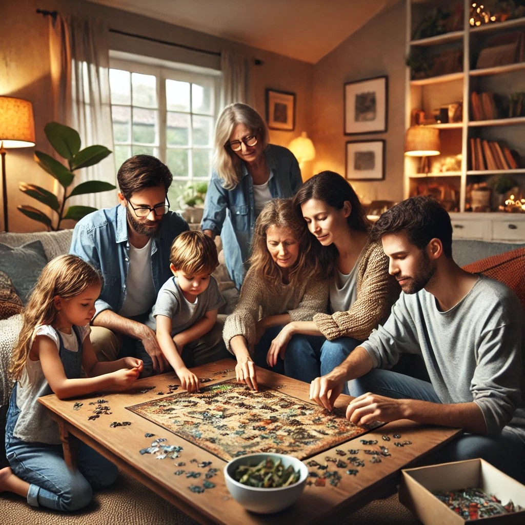 Family gathered around a coffee table completing a puzzle in a cozy living room