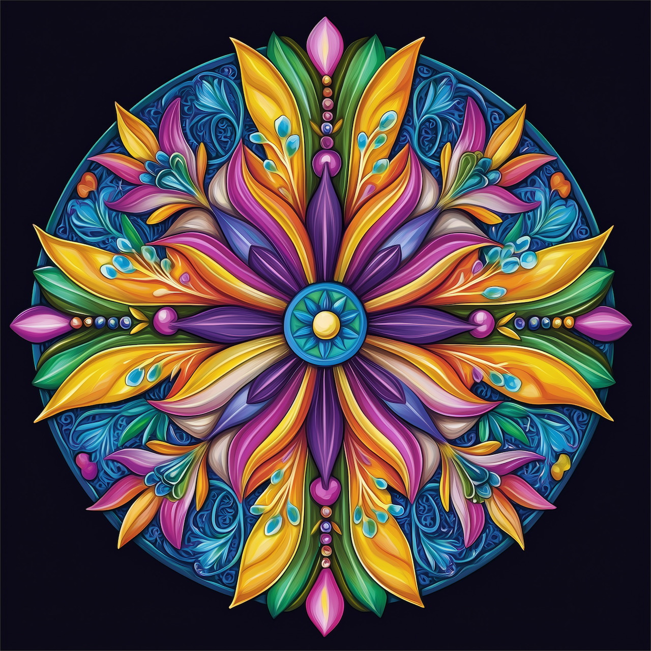 Colorful floral mandala with layered petals on a dark background