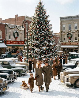 Large decorated Christmas tree in a vintage small-town square with people, old cars, and snow