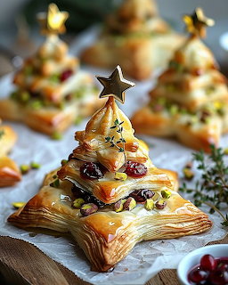 Star-shaped puff pastry desserts arranged as Christmas trees with fruit and nut toppings