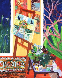 Colorful interior painting with easel, plants, patterned rug, and decorative objects in rich blues, oranges, and greens