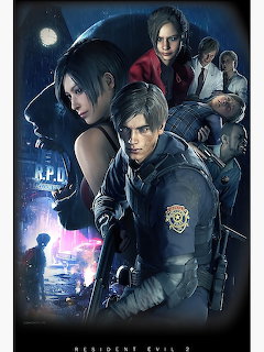 Resident Evil 2 game poster with Leon, Claire and Ada in dark setting