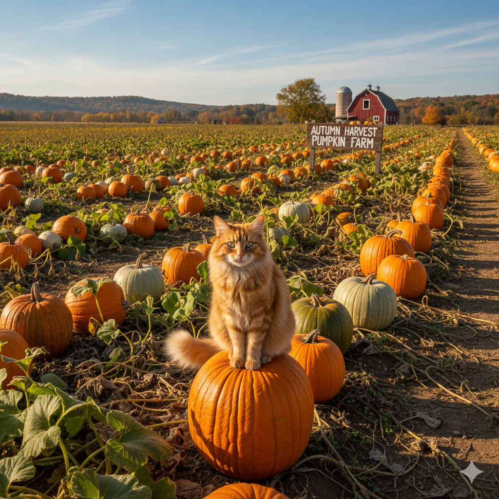 Orange tabby cat perched on pumpkin in farm field with rows of pumpkins and red barn in background