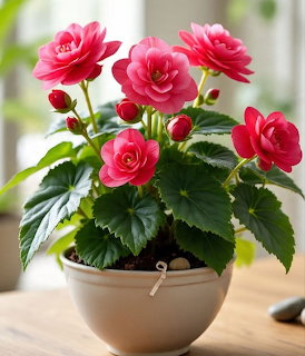 Potted plant with bright pink flowers and green leaves on a wooden table
