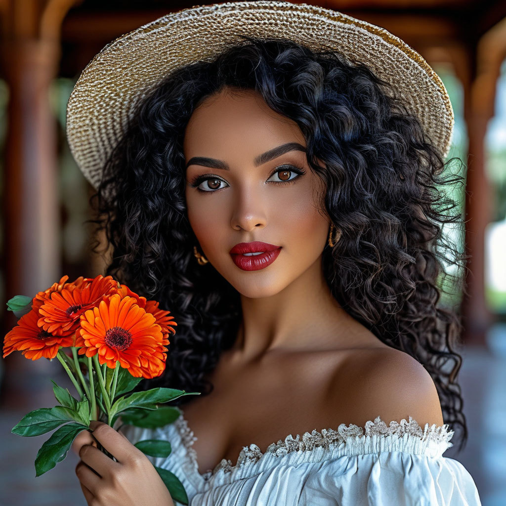 Woman in straw hat and white blouse holding orange gerbera flowers, curly dark hair, rustic interior background