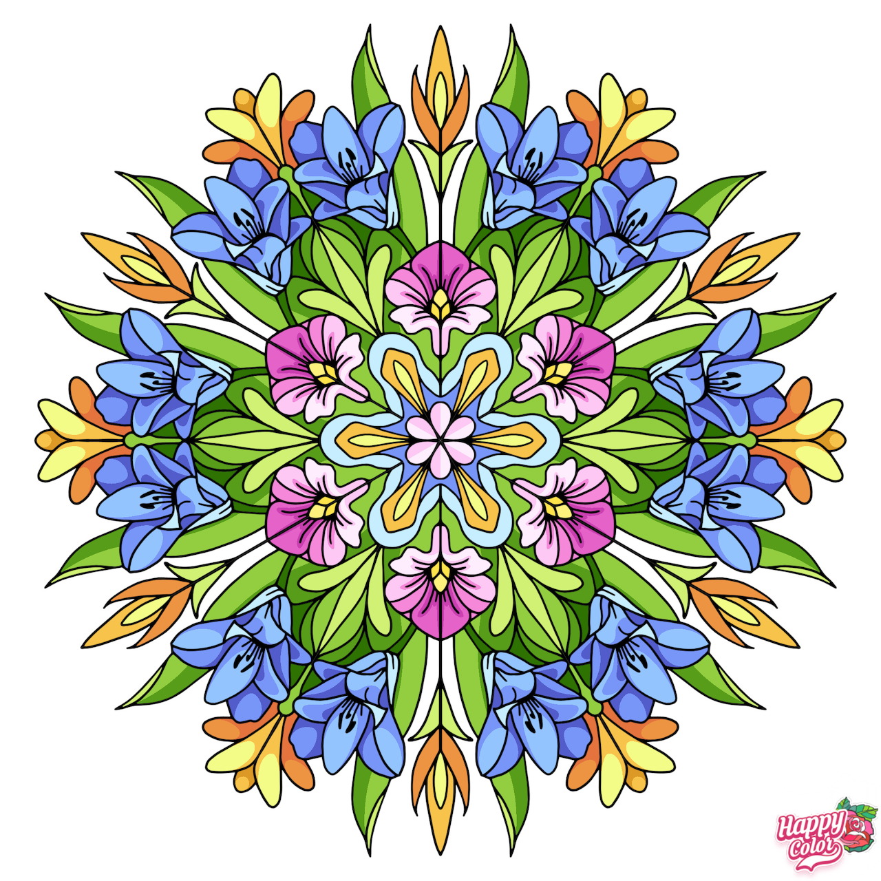 Colorful symmetrical mandala with blue and pink flowers and green leaves in a radial pattern