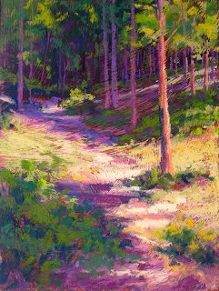 Pastel painting of a sunlit path through a green forest with purple shadows and warm light