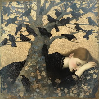 Woman lying under decorative tree with birds in art nouveau style painting
