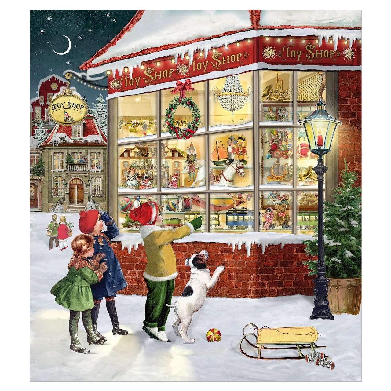 Illustration of children and a dog looking into a decorated toy shop window on a snowy Christmas evening