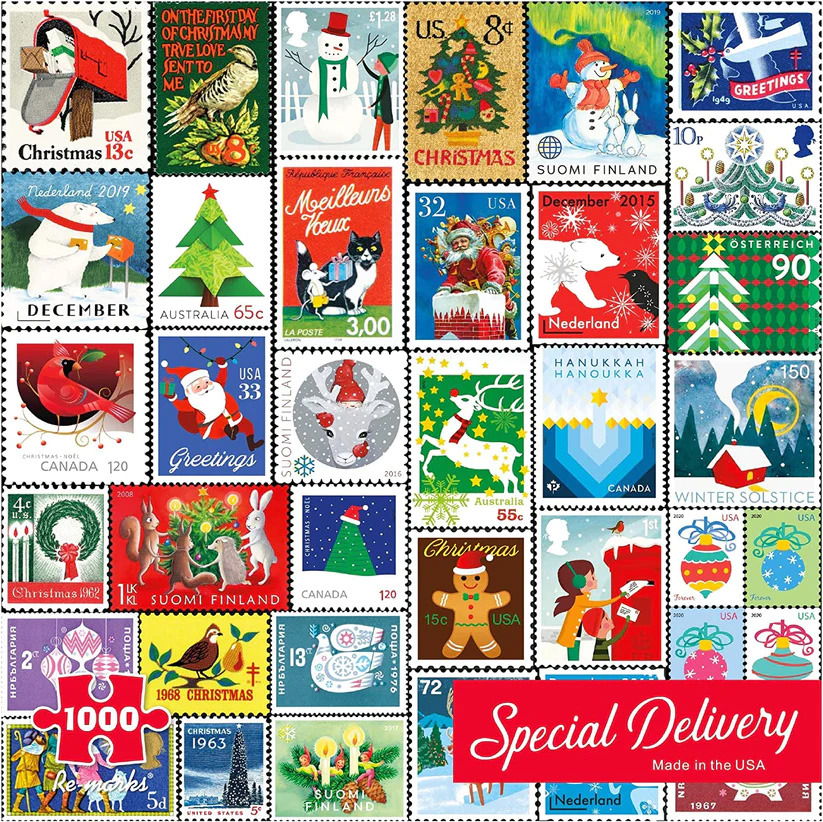 Grid of assorted Christmas postage stamps with festive holiday imagery and text