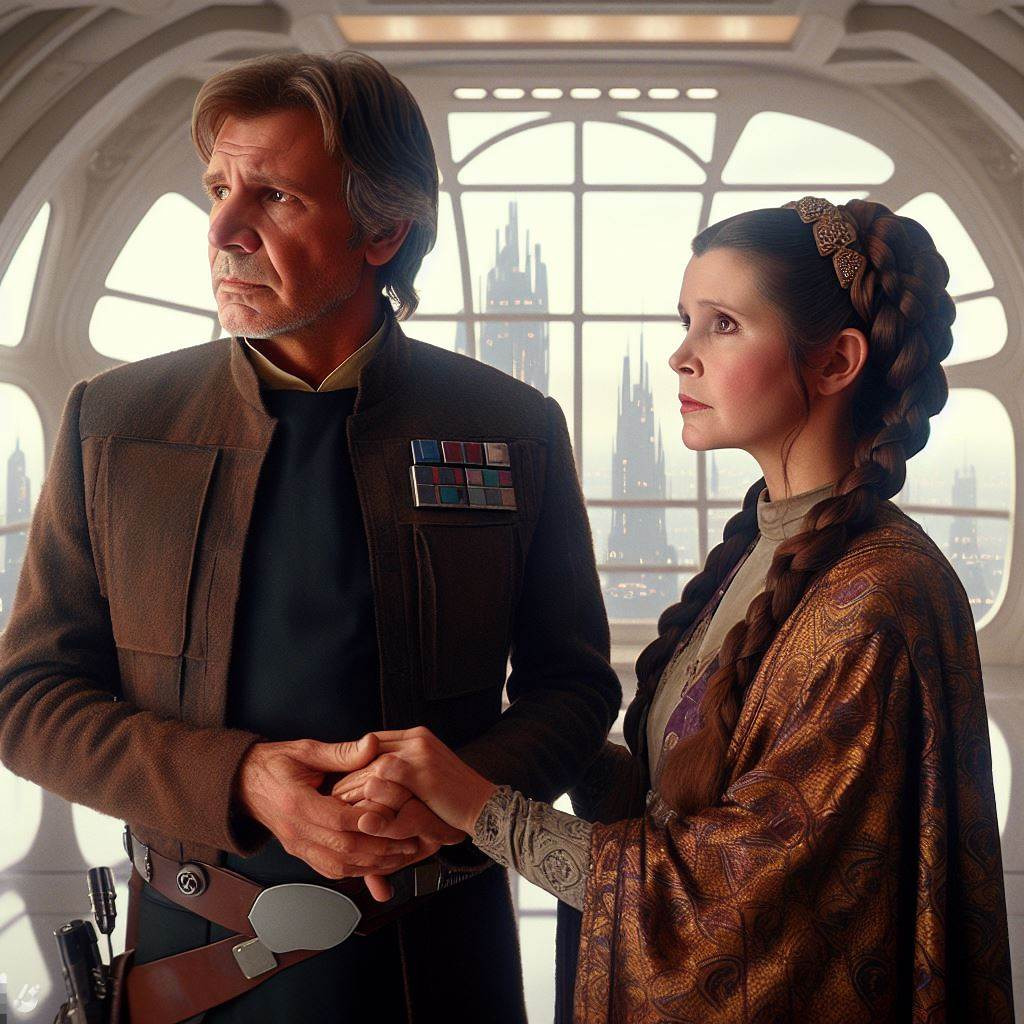 Princess Leia and Han Solo standing together in a futuristic room by a large window