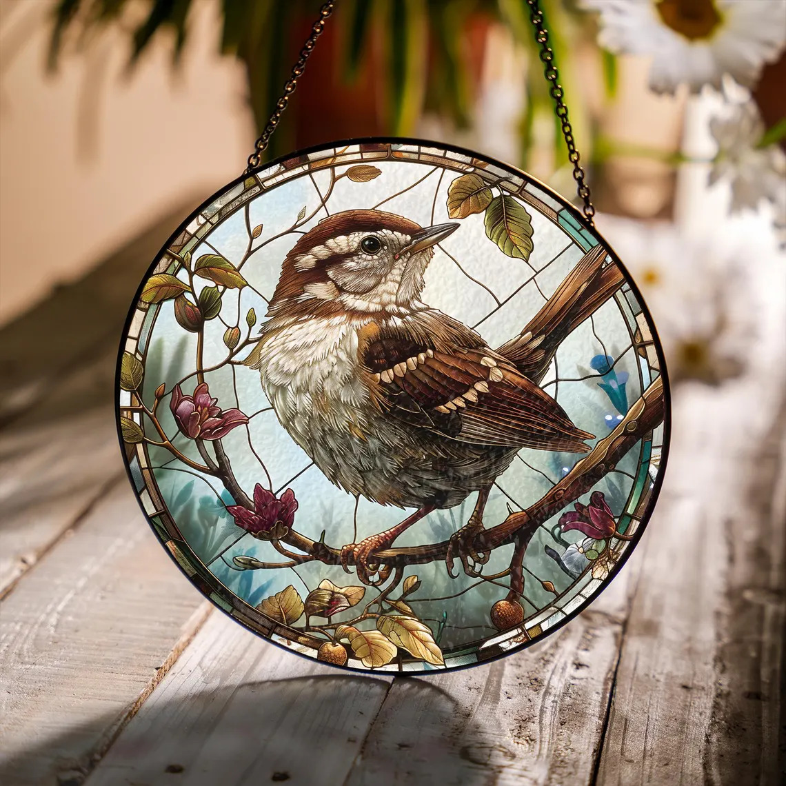 Round hanging suncatcher with a sparrow on a branch and flowers