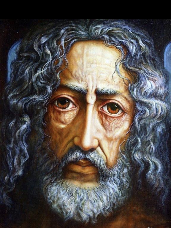 Oil painting of bearded elderly man with gray curly hair and intense gaze, identified as Apostle Peter