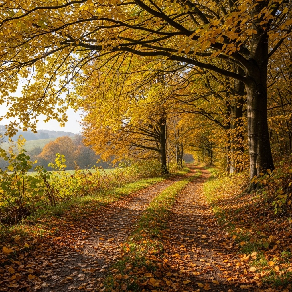 Leaf-covered woodland path beneath golden autumn trees beside a sunny meadow.