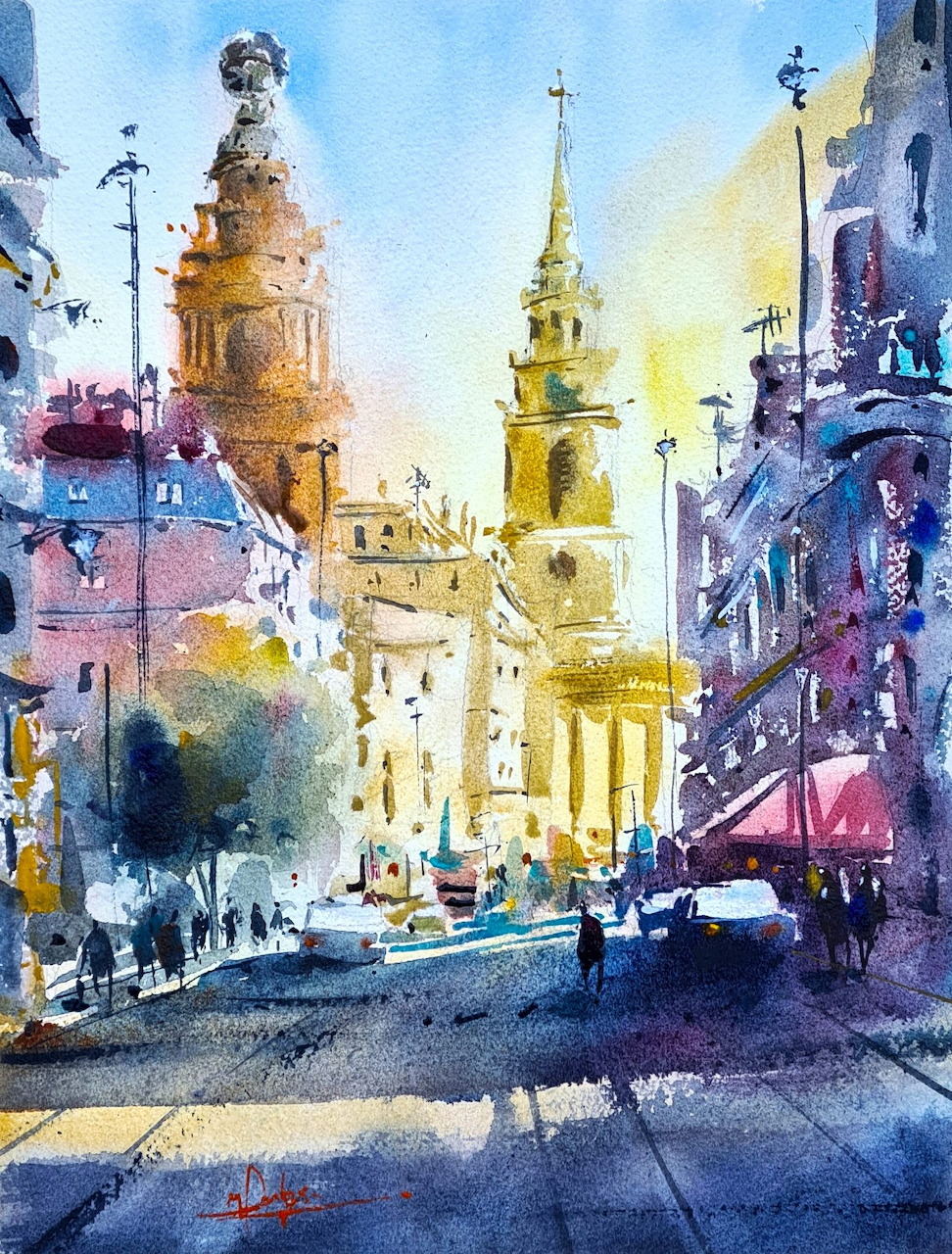 Watercolour painting of a European city street with church spires and historic buildings in warm light