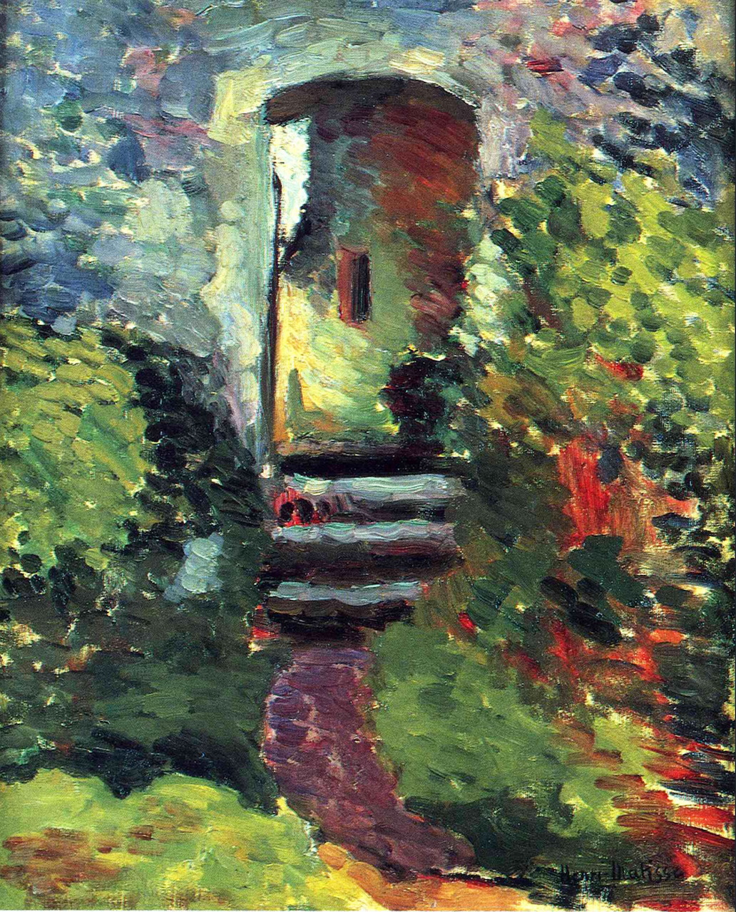 Impressionist painting of stone doorway with steps amid green and colorful vegetation