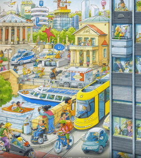 Watercolor illustration of busy riverside city wharf with tour boats, cyclists, and buildings