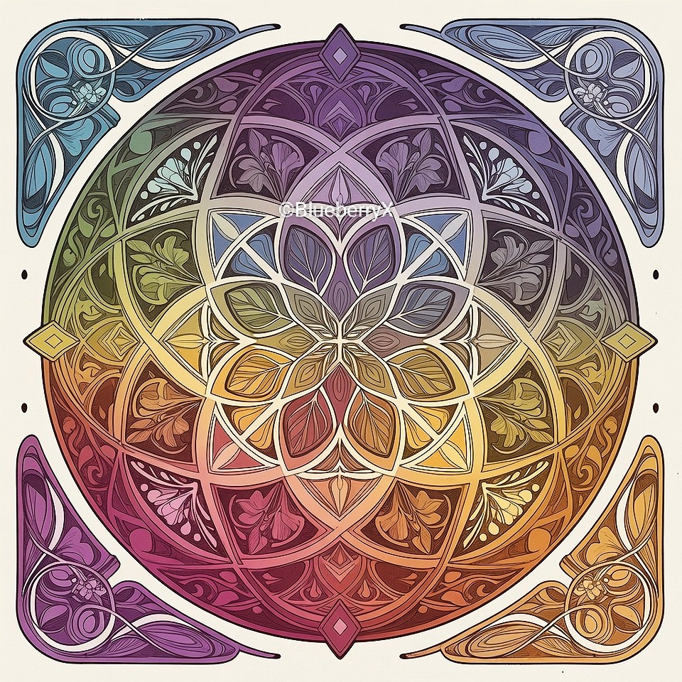 Colorful mandala with symmetrical geometric patterns in rainbow hues and decorative corners