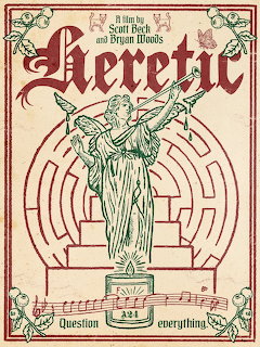 Art nouveau style movie poster with angel statue and decorative text reading Heretic