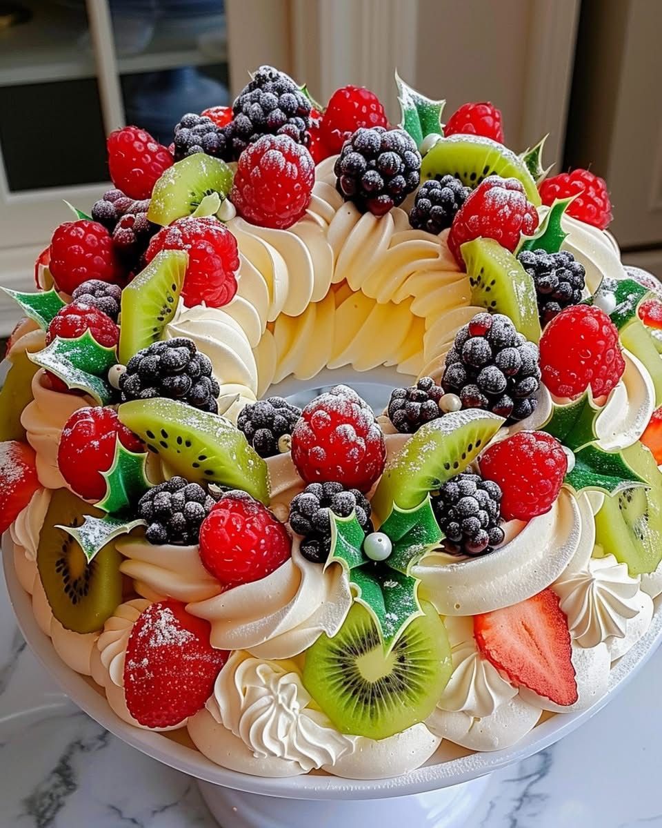 Cream cake topped with mixed berries and kiwi slices on a stand