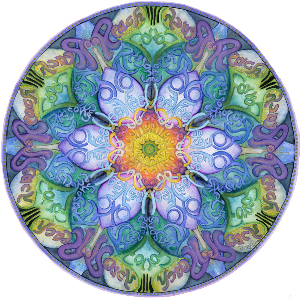 Colorful circular mandala with floral and abstract patterns in purple, blue, green, and yellow