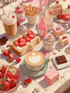 Anime illustration of cafe table with strawberry cake, coffee, pastries and desserts