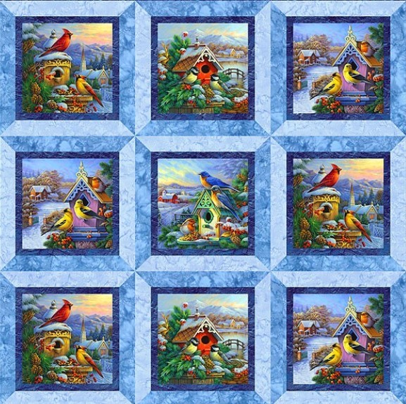 Quilt with nine squares of winter birds on birdhouses in blue patchwork frames