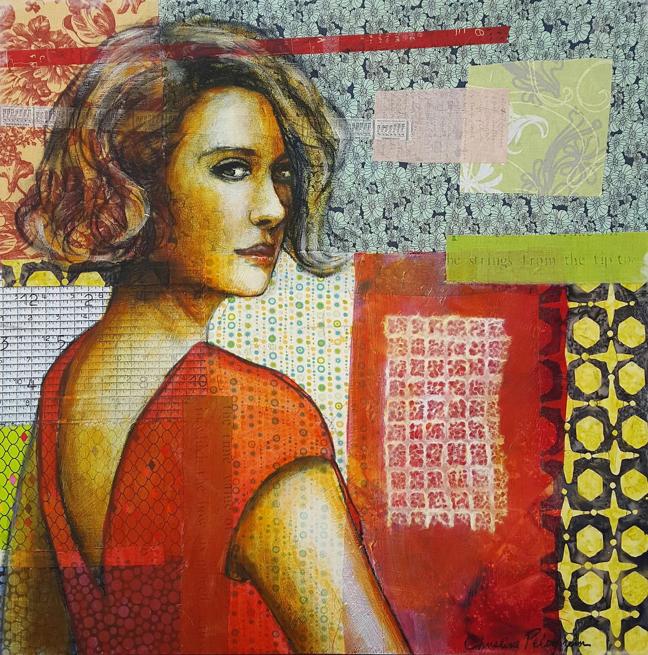 Mixed media collage portrait of a woman in a red dress with decorative paper textures and patterns