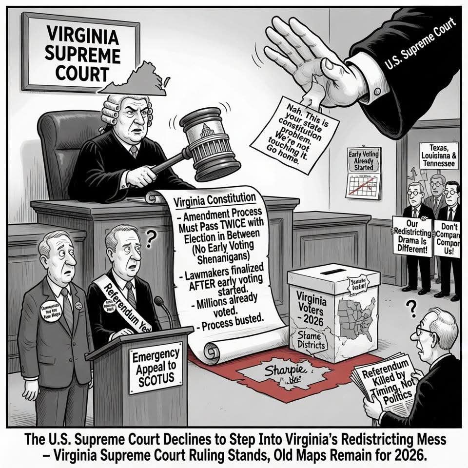 Political cartoon of Virginia redistricting with judges, a gavel, signs, and election references