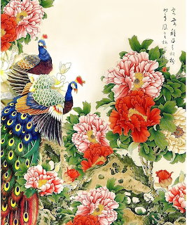 Chinese painting of peacocks with pink and red peonies and green foliage on beige background with calligraphy