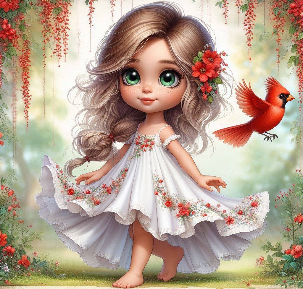 Cute illustrated girl in a white floral dress standing beside a red bird in a dreamy garden