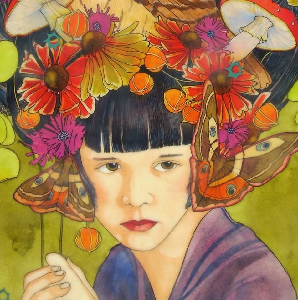Painted portrait of a young girl with flowers and butterflies around her head